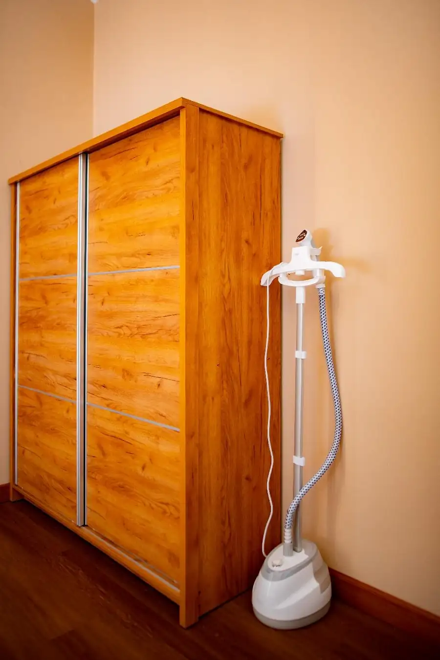 Large wooden wardrobe and garment steamer provided for guest convenience in the Bedroom Deluxe Two Queen Beds at Turtle Seaweed Resort.